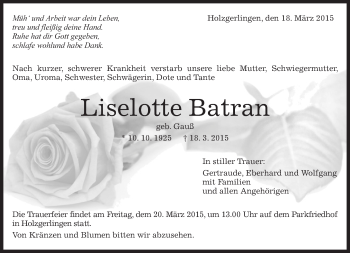 Traueranzeige von Liselotte Batran von Kreiszeitung Böblinger Bote