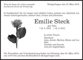 Traueranzeige von Emilie Steck von Kreiszeitung Böblinger Bote