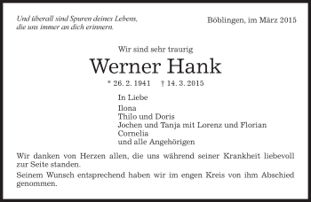 Traueranzeige von Werner Hank von Kreiszeitung Böblinger Bote