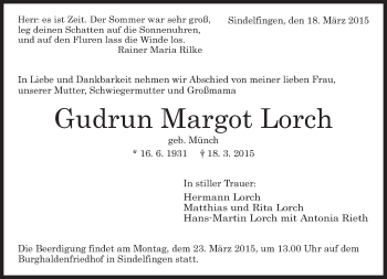 Traueranzeige von Gudrun Margot Lorch von Kreiszeitung Böblinger Bote