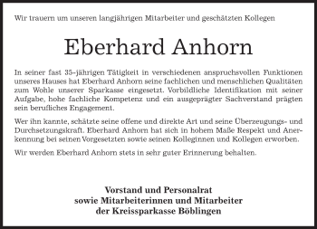 Traueranzeige von Eberhard Anhorn von Kreiszeitung Böblinger Bote