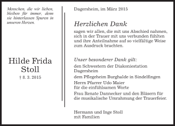Traueranzeige von Hilde Frida Stoll von Kreiszeitung Böblinger Bote