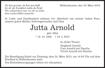 Traueranzeige von Jutta Arnold von Kreiszeitung Böblinger Bote