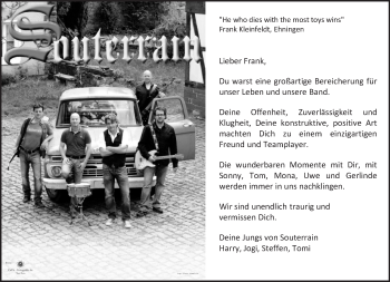 Traueranzeige von Frank Kleinfeldt von Kreiszeitung Böblinger Bote