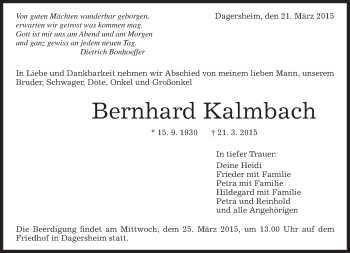 Traueranzeige von Bernhard Kalmbach von Kreiszeitung Böblinger Bote