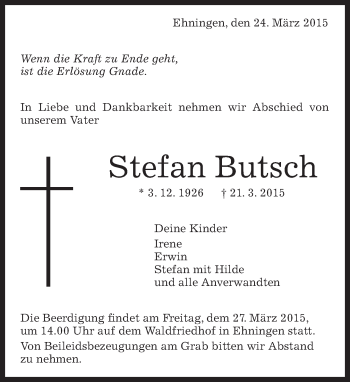 Traueranzeige von Stefan Butsch von Kreiszeitung Böblinger Bote