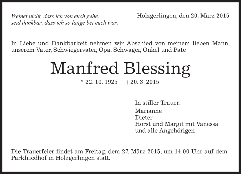  Traueranzeige für Manfred Blessing vom 24.03.2015 aus Kreiszeitung Böblinger Bote