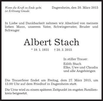 Traueranzeige von Albert Stach von Böblinger Bote Trauer