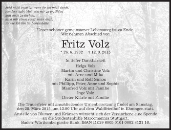 Traueranzeige von Fritz Volz von Kreiszeitung Böblinger Bote