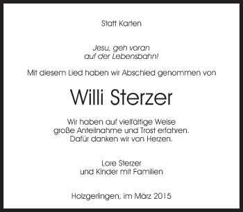 Traueranzeige von Willi Sterzer von Kreiszeitung Böblinger Bote