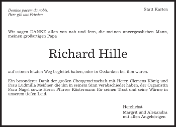 Traueranzeige von Richard Hille von Kreiszeitung Böblinger Bote