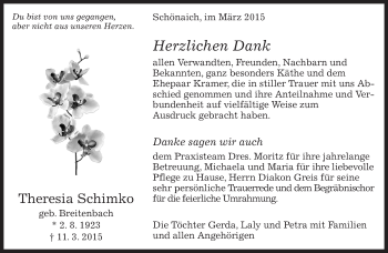 Traueranzeige von Theresia Schimko von Kreiszeitung Böblinger Bote