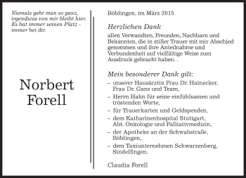 Traueranzeige von Norbert Forell von Kreiszeitung Böblinger Bote