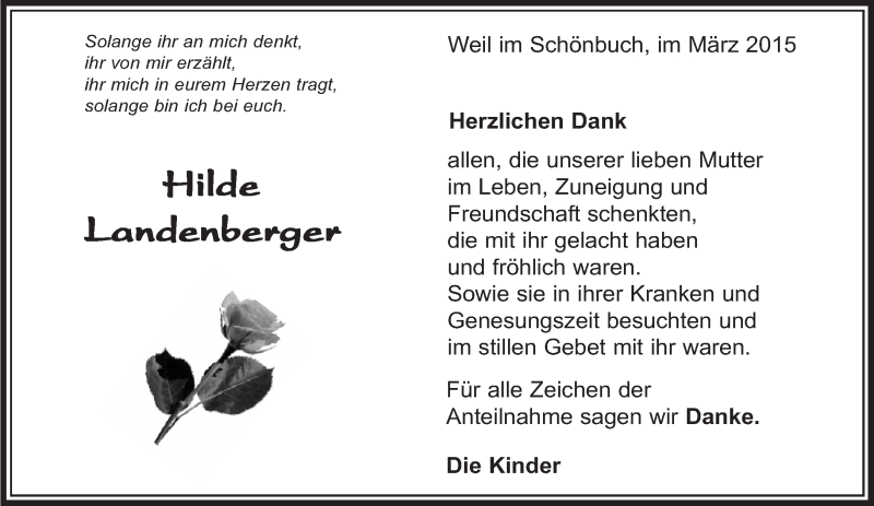  Traueranzeige für Hilde Landenberger vom 26.03.2015 aus Kreiszeitung Böblinger Bote