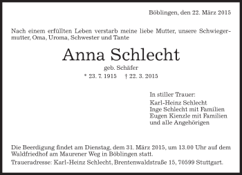Traueranzeige von Anna Schlecht von Kreiszeitung Böblinger Bote