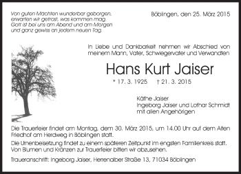 Traueranzeige von Hans Kurt Jaiser von Kreiszeitung Böblinger Bote