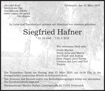 Traueranzeige von Siegfried Hafner von Kreiszeitung Böblinger Bote