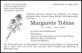 Traueranzeige von Margarete Tobias von Kreiszeitung Böblinger Bote