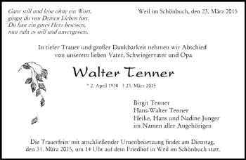 Traueranzeige von Walter Tenner von Kreiszeitung Böblinger Bote