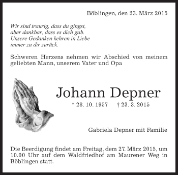 Traueranzeige von Johann Depner von Kreiszeitung Böblinger Bote