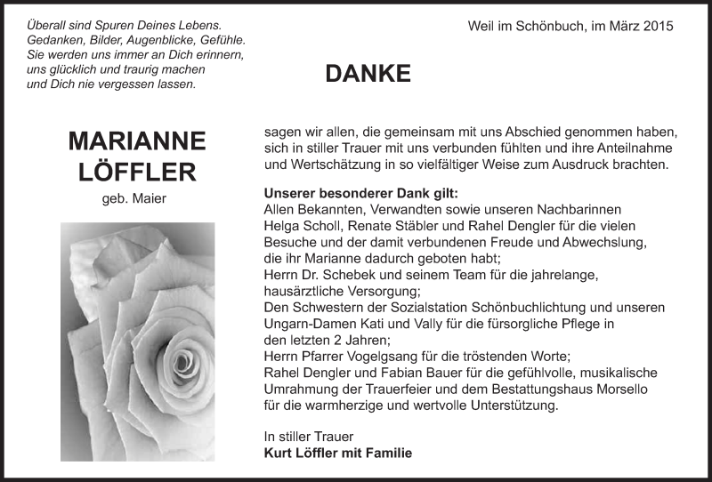  Traueranzeige für Marianne Löffler vom 26.03.2015 aus Kreiszeitung Böblinger Bote