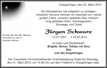 Traueranzeige von Jürgen Schwarz von Kreiszeitung Böblinger Bote