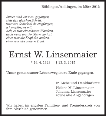 Traueranzeige von Ernst W. Linsenmaier von Kreiszeitung Böblinger Bote
