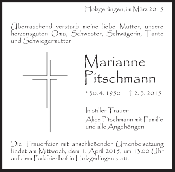 Traueranzeige von Marianne Pitschmann von Kreiszeitung Böblinger Bote