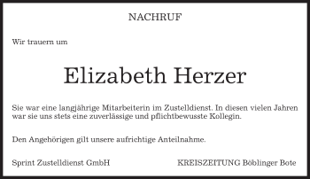 Traueranzeige von Elizabeth Herzer von Kreiszeitung Böblinger Bote