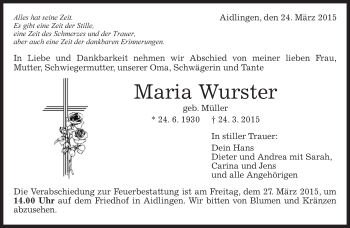 Traueranzeige von Maria Wurster von Kreiszeitung Böblinger Bote