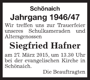 Traueranzeige von Siegfried Hafner von Kreiszeitung Böblinger Bote