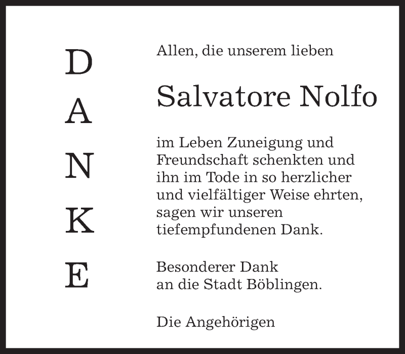  Traueranzeige für Salvatore Nolfo vom 28.03.2015 aus Kreiszeitung Böblinger Bote