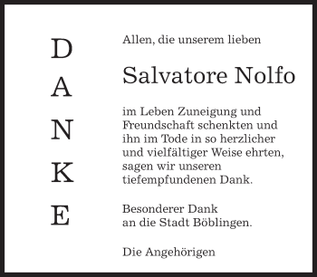 Traueranzeige von Salvatore Nolfo von Kreiszeitung Böblinger Bote