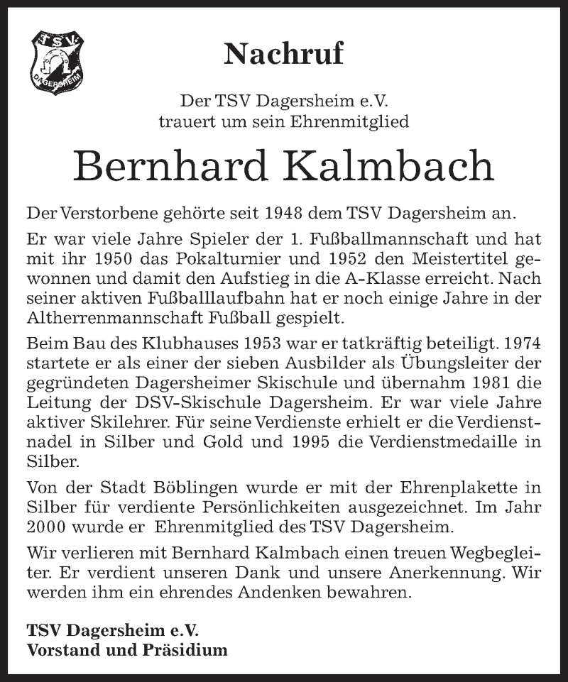  Traueranzeige für Bernhard Kalmbach vom 27.03.2015 aus Kreiszeitung Böblinger Bote