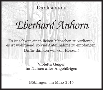 Traueranzeige von Eberhard Anhorn von Kreiszeitung Böblinger Bote
