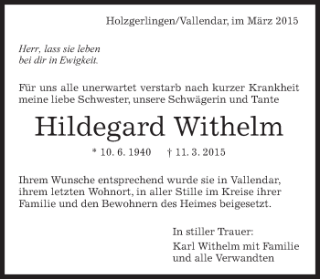 Traueranzeige von Hildegard Withelm von Kreiszeitung Böblinger Bote