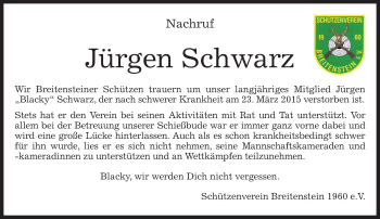 Traueranzeige von Jürgen Schwarz von Kreiszeitung Böblinger Bote