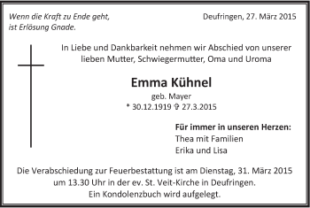 Traueranzeige von Emma Kühnel von Kreiszeitung Böblinger Bote