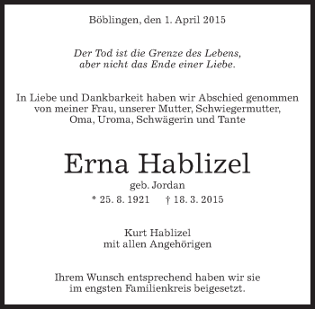 Traueranzeige von Erna Hablizel von Kreiszeitung Böblinger Bote