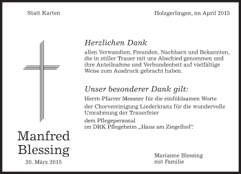 Traueranzeige von Manfred Blessing von Kreiszeitung Böblinger Bote