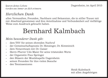 Traueranzeige von Bernhard Kalmbach von Kreiszeitung Böblinger Bote
