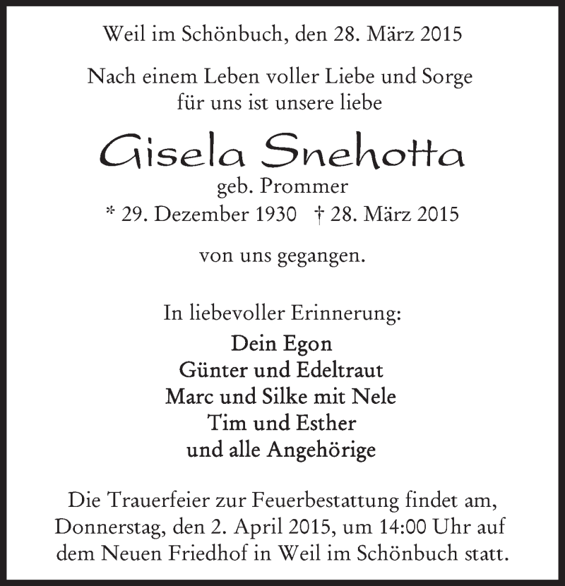  Traueranzeige für Gisela Snehotta vom 31.03.2015 aus Kreiszeitung Böblinger Bote