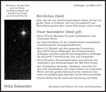 Traueranzeige von Felix Schneider von Kreiszeitung Böblinger Bote