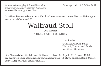 Traueranzeige von Waltraud Stoll von Kreiszeitung Böblinger Bote