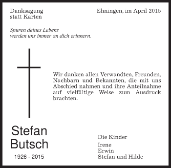 Traueranzeige von Stefan Butsch von Kreiszeitung Böblinger Bote