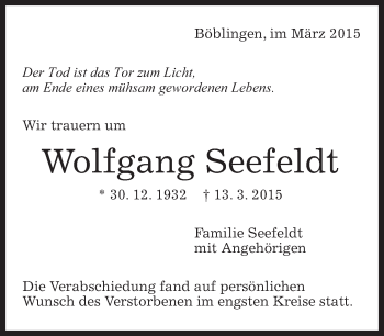 Traueranzeige von Wolfgang Seefeldt von Kreiszeitung Böblinger Bote