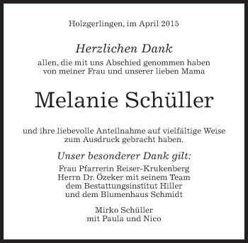 Traueranzeige von Melanie Schüller von Kreiszeitung Böblinger Bote