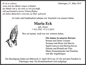 Traueranzeige von Maria Eck von Kreiszeitung Böblinger Bote