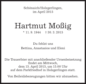 Traueranzeige von Hartmut Moßig von Kreiszeitung Böblinger Bote
