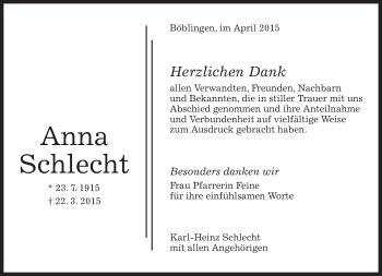 Traueranzeige von Anna Schlecht von Kreiszeitung Böblinger Bote